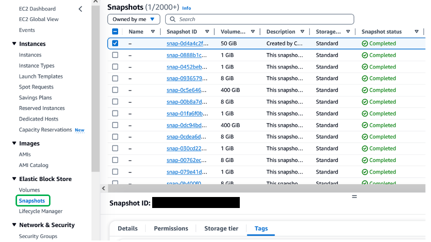 Screenshot of searching for snapshots